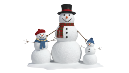 Three Cheerful Snowmen Family Illustration with Hats and Scarves Isolated on White Background