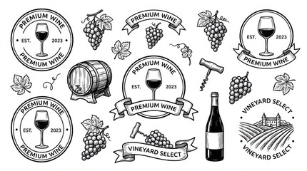 Fototapeta premium clean wine glasses and vineyard elements doodle set ready for logos labels and stickers isolated on white background