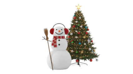 Smiling Snowman Wearing Earmuffs and Scarf with Broom Next to Decorated Christmas Tree Isolated