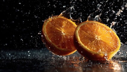 Two halved oranges with water splashes on a glossy black surface against a dark background