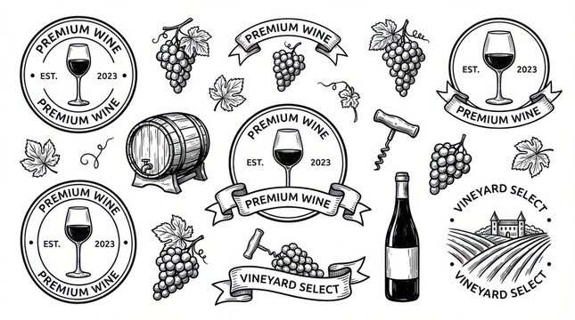 clean wine glasses and vineyard elements doodle set ready for logos labels and stickers isolated on white background