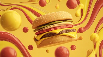 Cartoon burger poster with layered ingredients floating around, ketchup and mustard swirl background, bold typography 