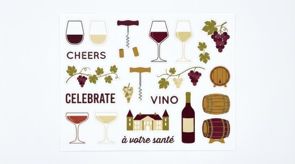 Fototapeta premium modern wine glasses and vineyard elements sticker pack designed for greeting cards invitations and decor isolated on white background