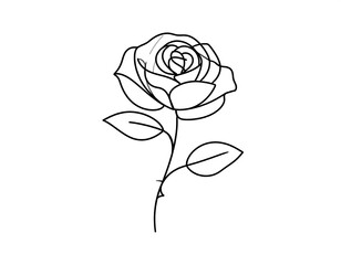 Simple monochrome outline illustration of a rose flower with leaves and stem