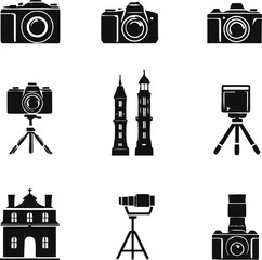 Collection of camera gear, diverse architectural icons and capturing technology in monochrome