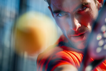 Focused male tennis player intensely preparing to hit a fast incoming ball during an outdoor match in dynamic action and vivid athletic performance