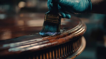 Closeup dark wood stain application