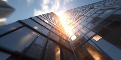 A low-angle cinematic shot of a smart skyscraper with synchronized IoT window shading responding to wind and sunlight, ultra-realistic reflections.