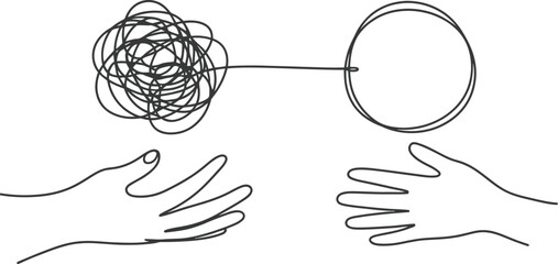 A Minimalist Line Drawing in Black and White Illustrating the Process of Untangling Complex Problems into Simple Solutions