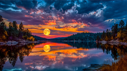 Serene sunset over a tranquil lake with a full moon and vibrant sky reflections