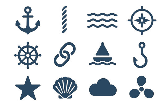 Ship icon cloud set vector compass buoy chain wave wheel propeller nautical