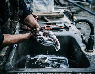 After a hard days work, a craftsman washes his hands clean in a rustic sink. Symbolizing labor, hygiene, and dedication. Ideal for construction, safety, and workethic themes.