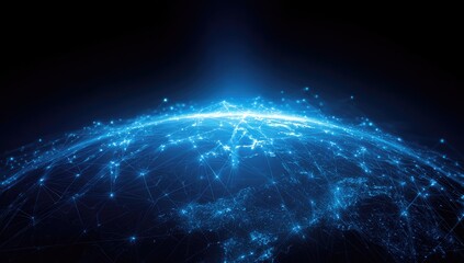 Luminous network nodes and lines flow across a globe-like curvature on a dark backdrop, glowing bright blue with ethereal light
