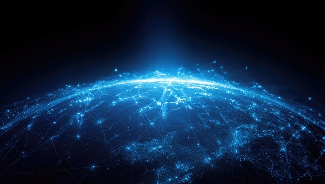 Luminous network nodes and lines flow across a globe-like curvature on a dark backdrop, glowing bright blue with ethereal light