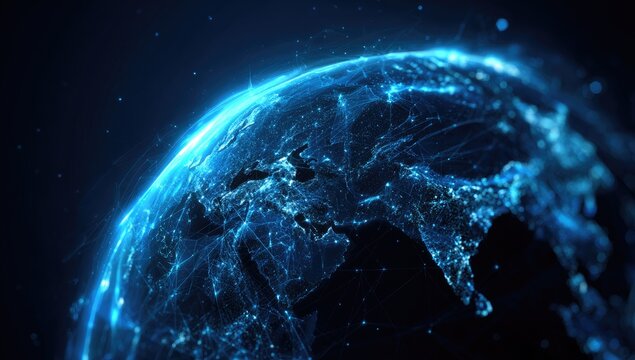 Blue earth globe, lit with connecting lines, depicting global connectivity in a dark, starry background - Powered by Adobe