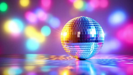 Mirror-tiled disco ball with multicolor bokeh lights, reflective surface sparkle on nightclub floor, vibrant nightlife party atmosphere, retro 70s dance culture, neon glow celebration mood