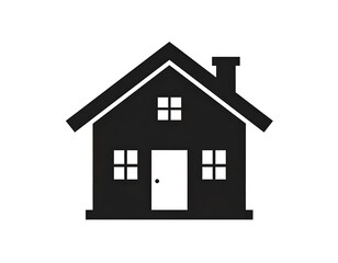 Simple silhouette of a house with a chimney and windows, rendered in black and white