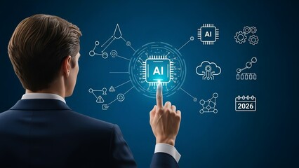Businessman Touching AI Interface and Global Network Concept