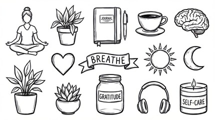 hand-drawn mindfulness and mental health icons outline elements set created for planners scrapbooking and journaling isolated on white background