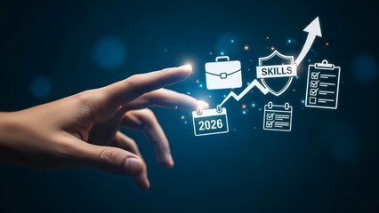 Hand Touching Digital Skills, Learning, and Growth Icons 2026