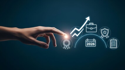 Hand Touching Digital Growth, Success, and Calendar Icons 2026