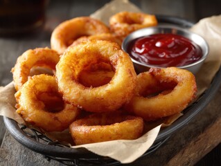 Crispy Golden Onion Rings with Ketchup in a Metal Bowl Served in a Wicker Basket fried breaded