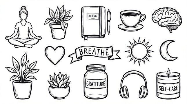 hand-drawn mindfulness and mental health icons outline elements set created for planners scrapbooking and journaling isolated on white background