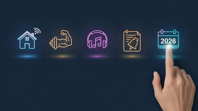 Hand Touching Digital Fitness, Music, and Headphone Icons - Powered by Adobe