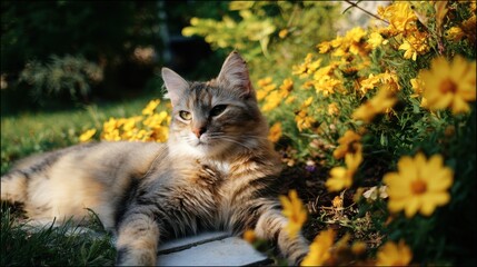 Obraz premium Cozy Cat Among Blossoms: A fluffy cat rests amidst a vibrant garden of yellow flowers and verdant grass, basking in the sun's warm embrace.