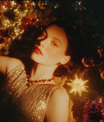Woman wearing glitter dress relaxing among Christmas ornaments