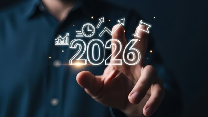Strategy and Goal Setting: Businessman Interacting with 2026 Futuristic Screen