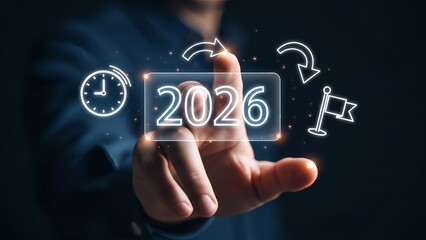 Business Hand Activating Digital Interface with 2026 and Planning Icons