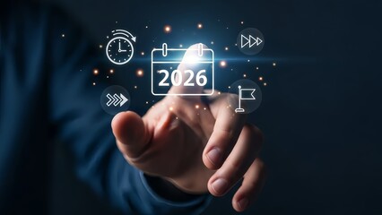 Hand Touching Digital 2026 with Clock and Planning Icons