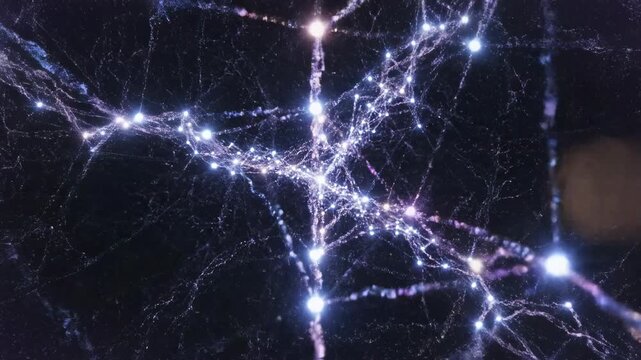 Microscopic interconnected quantum energy network pulsing with a hypnotic rhythmic flow through a dark space hi-tech, digital, computation