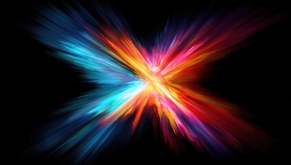 Explosive burst with vibrant blues, reds, and oranges radiating from the center against a dark backdrop