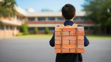 A schoolboy carrying a heavy brick-filled backpack as a metaphor for academic pressure, emotional burden, and the overwhelming weight of modern education challenges