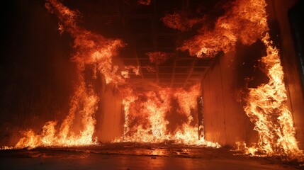 ntense flames engulf a controlled burn room during live fire training session, showcasing powerful heat, dynamic fire behavior, safety preparation, emergency response, ealistic firefighting scenario