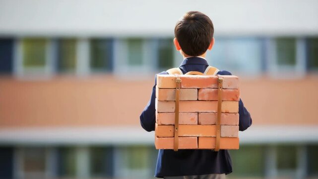 Boy carrying brick backpack in school setting, educational burden metaphor, student life challenges, back to school concept, stress and pressure representation, youth and education symbolism