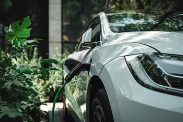 Fototapeta premium Modern electric vehicle charging station in lush greenery setting