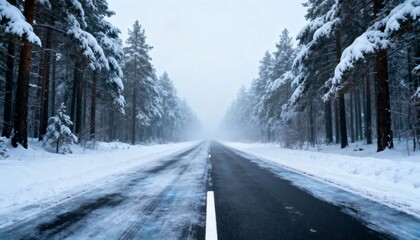 Obraz premium Empty winter road through snowy forest with fog and icy pavement.