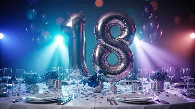 Vibrant 18th birthday celebration with balloons, confetti, and festive lighting