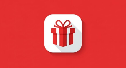 Simplified flat-design illustration of a gift box, complete with bow, on red backdrop
