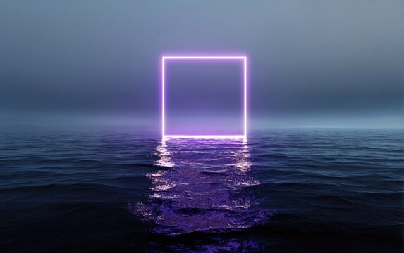 Glowing purple square outline rests on rippling water under a misty sky, mirroring the light