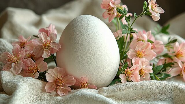 A close-up static shot of a white egg surrounded by pink flowers on a soft, textured fabric.