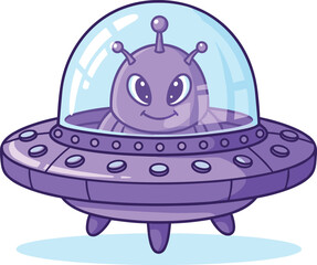 Alien, UFO, cartoon, purple, space, extraterrestrial, flying saucer, vector, illustration, sci-fi, cute, antenna, spaceship, character, hovering, dome, lights, landing gear, white background, playful