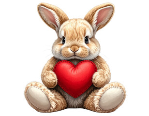 Sitting Plush Bunny With Red Heart, Soft Toy Character Front View, Isolated on Transparent Background
