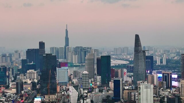 Aerial view of Landmark 81 and surrounding skyline in Ho Chi Minh City during soft dusk light