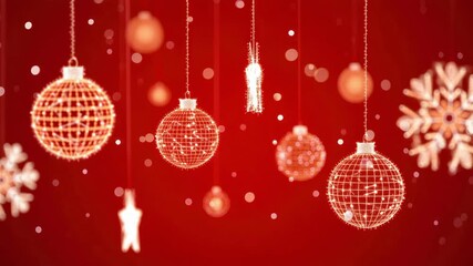 Glowing festive baubles on red background, hanging wireframe stars and snowflakes, warm holiday lights, seasonal celebration decor, winter party atmosphere, sparkling ornament backdrop - Powered by Adobe
