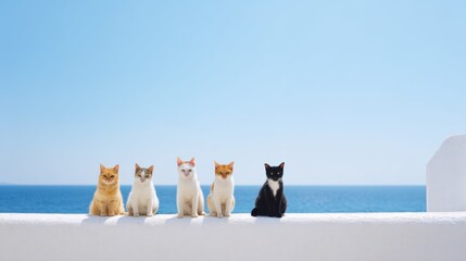 Cat Paradise: A collection of charming cats basks under the Mediterranean sun, a delightful display of feline grace against a backdrop of azure sea and sky.
