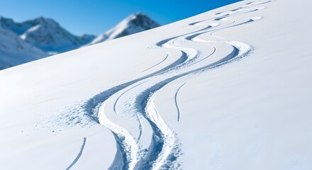 Winding ski tracks carving fresh lines on a pristine snowy mountainside under a bright blue sky for winter sports adventure concept and outdoor recreation